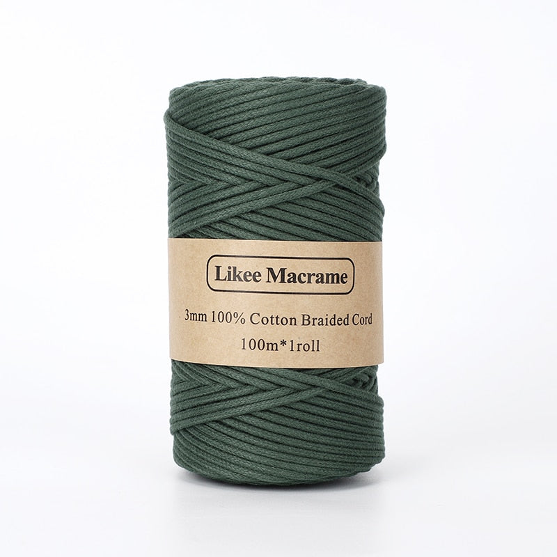 Corda macramè intrecciata da 3 mm, 100 m, colore verde.